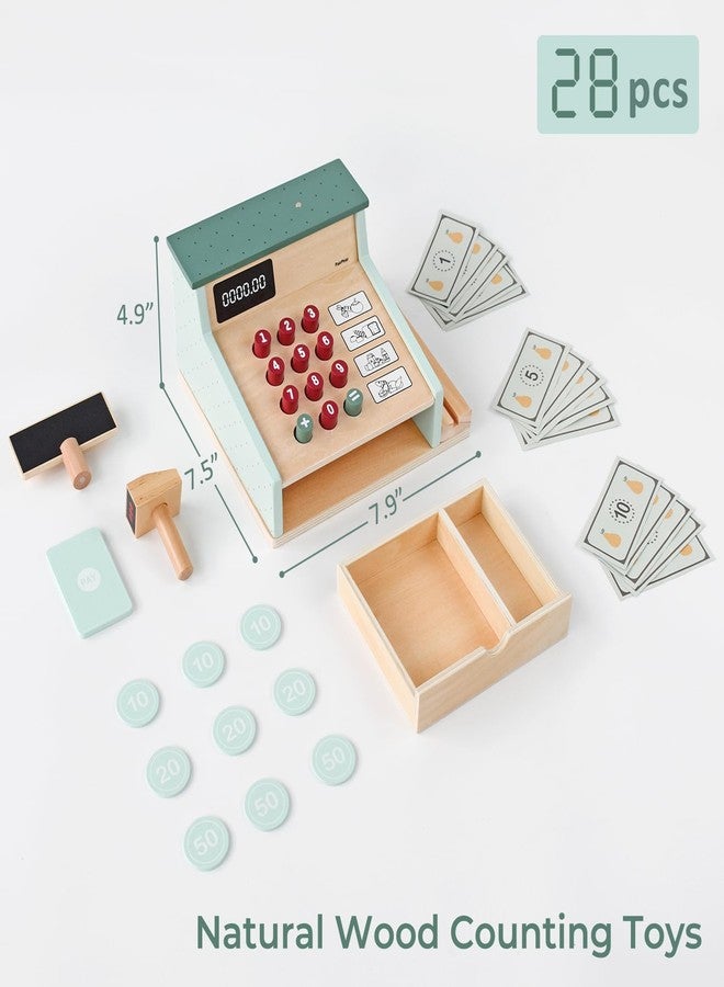 PairPear Wooden Toy Cash Register,Kids Pretend Play Money Counting Toys with Scanner and Credit Card,Toddler Cashier Toy Grocery Play Food Accessory for Pre-School Gift Boys Girls 3+ - Image 3